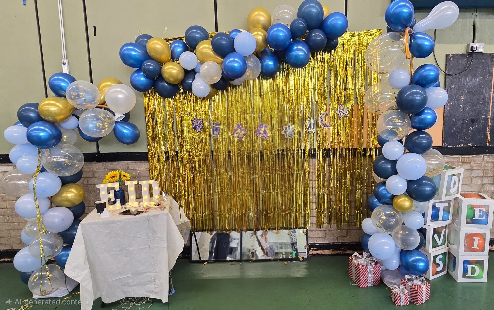 Blue and gold Eid balloon arch entrance
