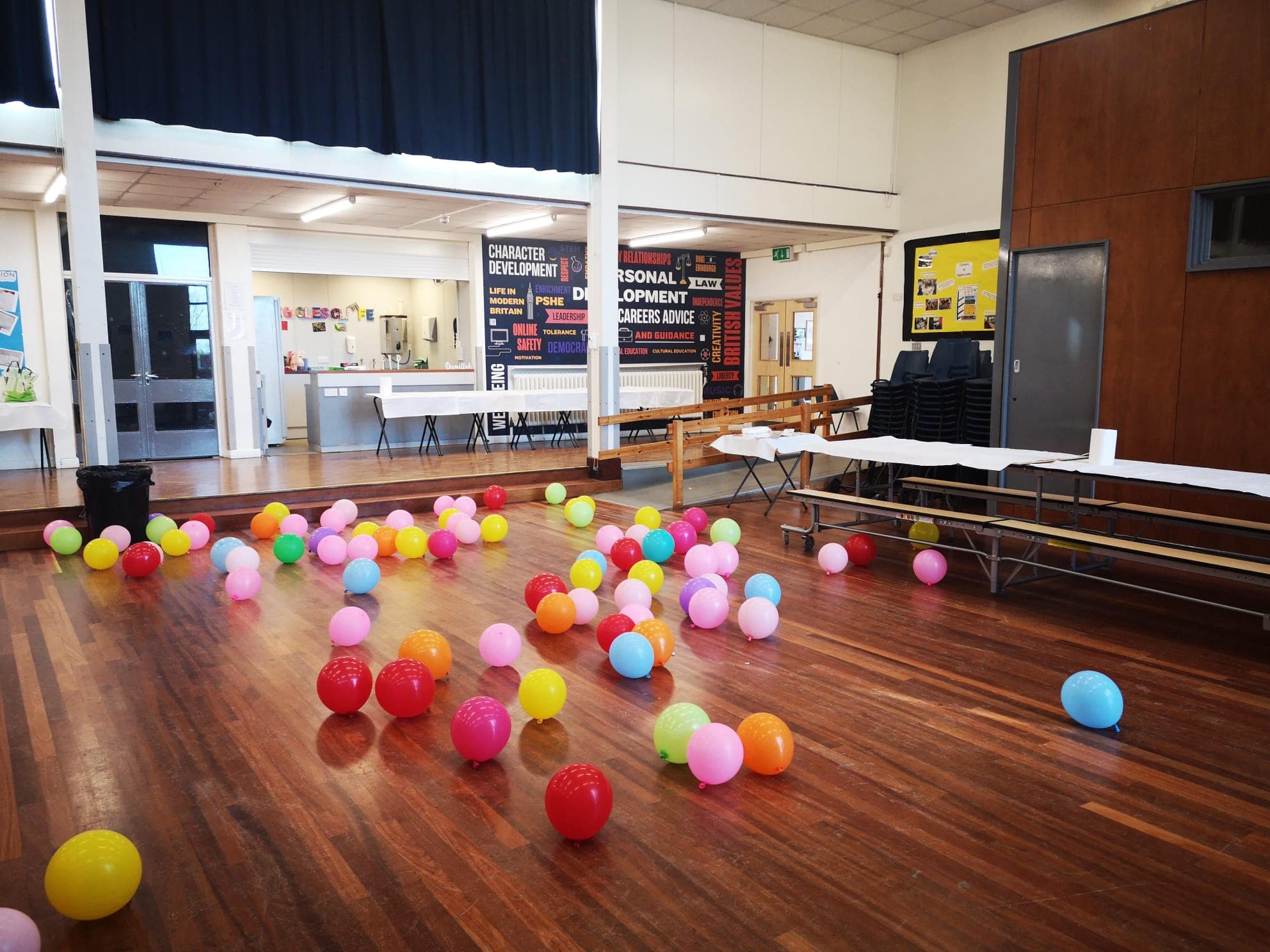Our hall decorated with balloons for a celebration