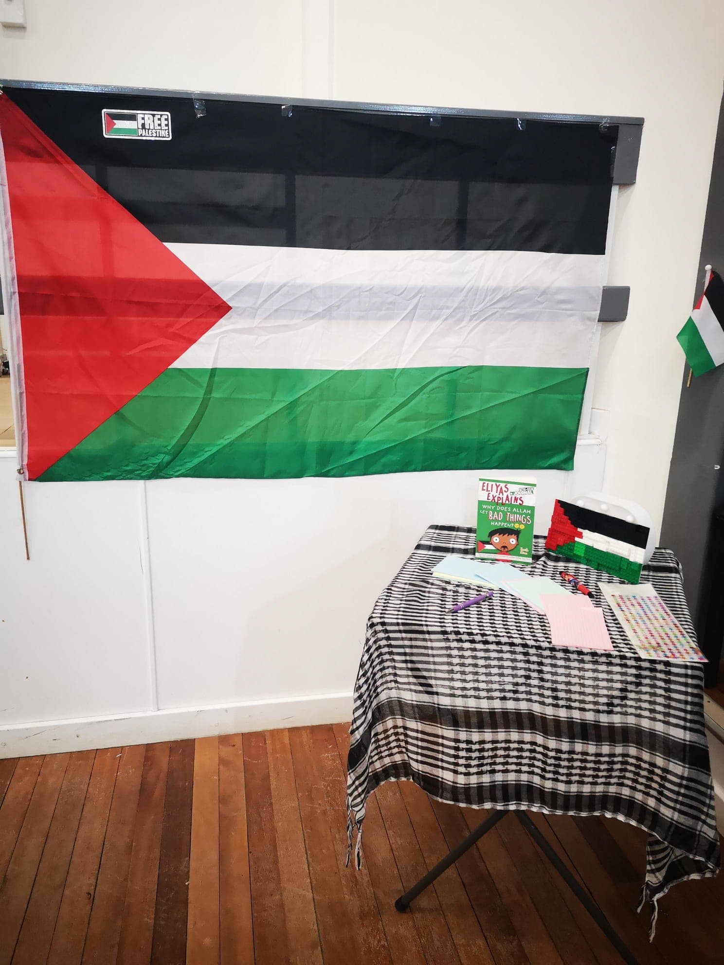 Classroom display supporting Palestine, with books and activities